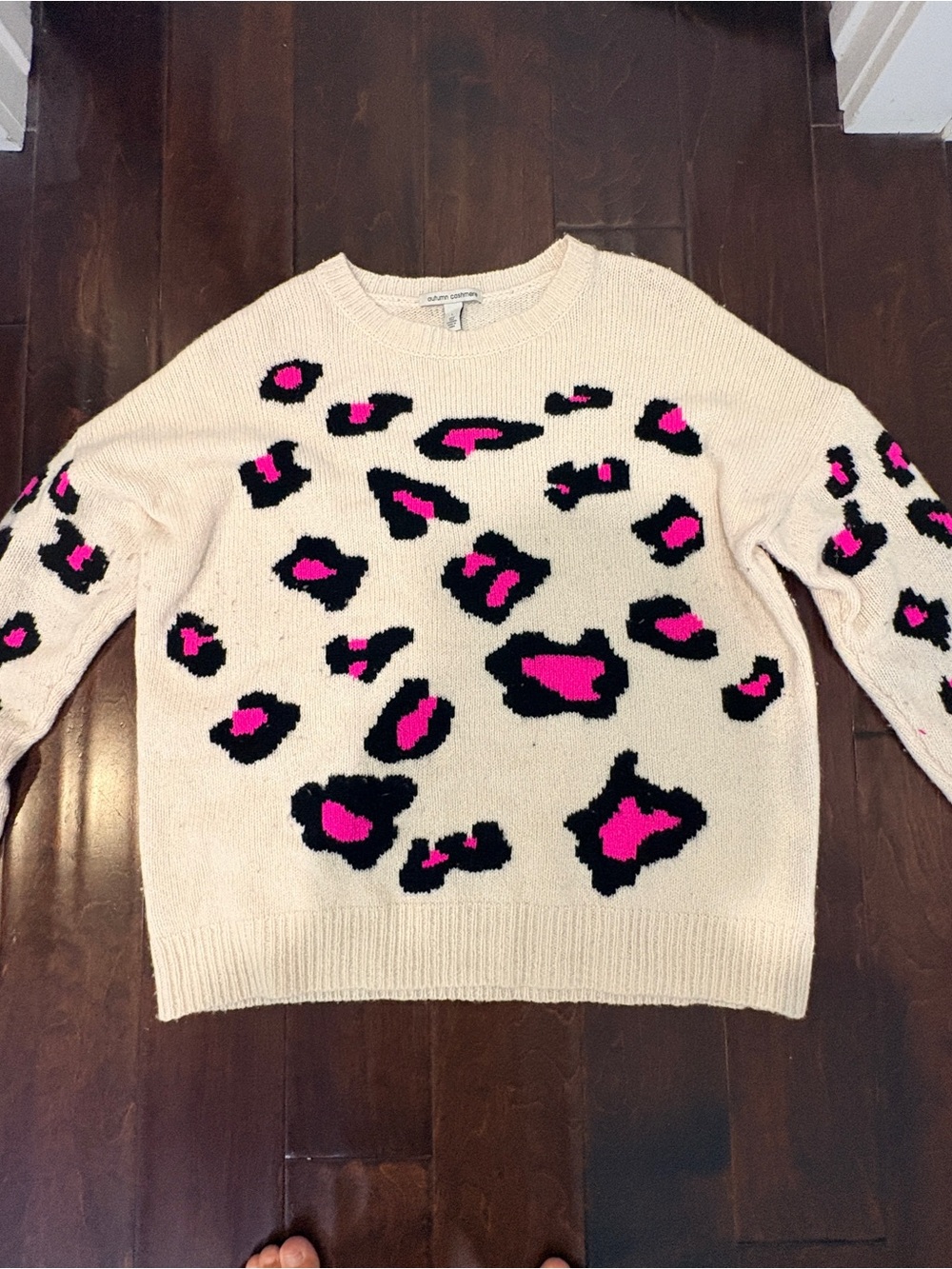 Autumn Cashmere Cream Leopard Crewneck with Hot Pink and Black Spots